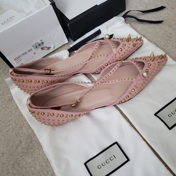 GUCCI Malaga Kid Studded Pointed Toe Unia Flats - Picture 2 of 16
